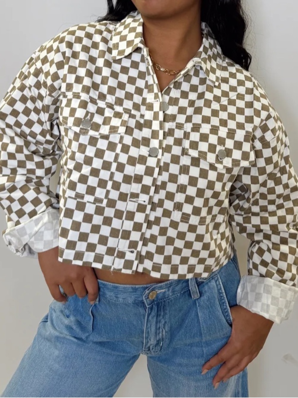 Emory Park Checkered Denim Button-Up Cotton Crop Oversized Jacket Tan Brown M